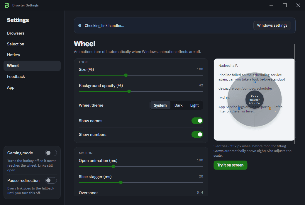 Browter Settings window showing wheel customization in the dark desktop UI